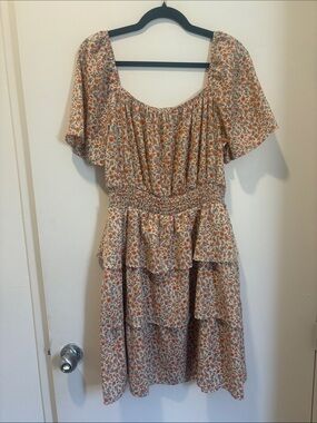 Floral Tiered Summer Dress in Beige and Rust